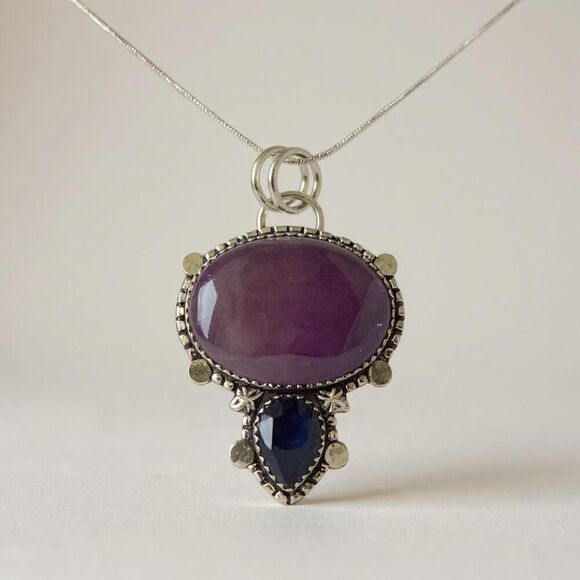 Large Artisan Crafted Amethyst Pendant Necklace Double Stone Sterling Silver New - Picture 5 of 11